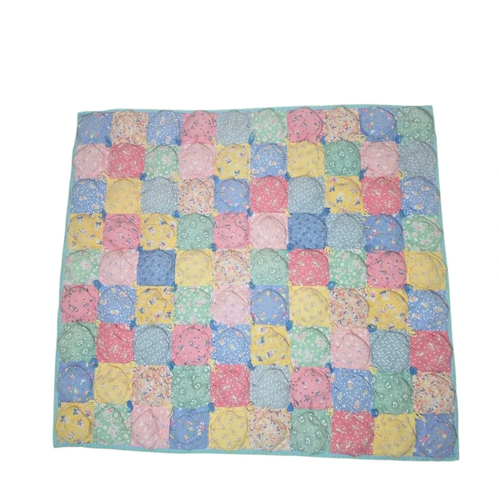 Vintage Handmade Pastel Floral Puff Biscuit Baby Quilt Patchwork Cottagecore